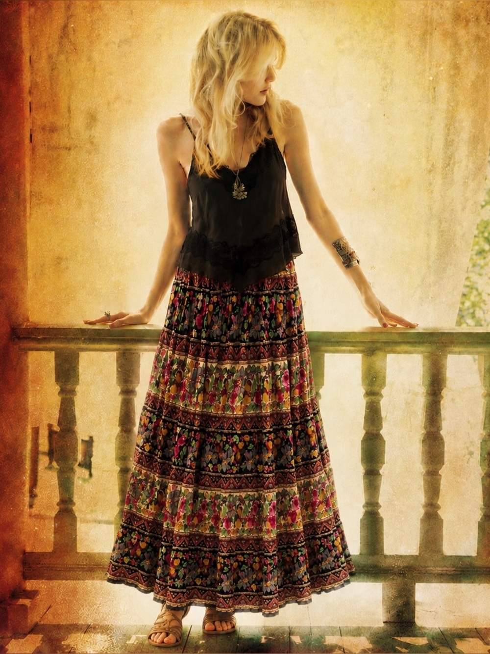 Vintage 90s Just Class India Cotton Old World Prairie Gypsy Boho Maxi Skirt S-L